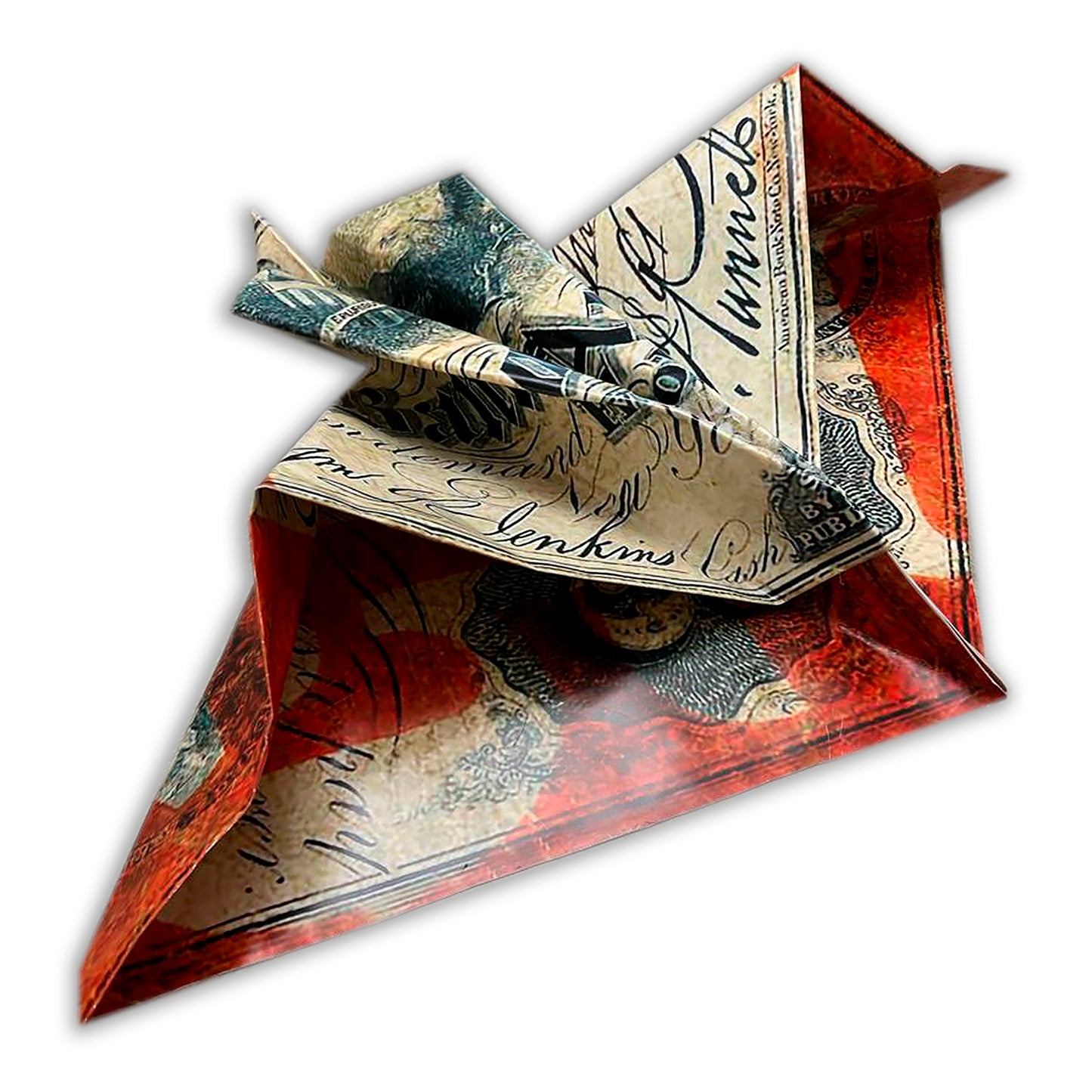Origami, decoration, art, handmade ships in photographic paper, covered in resin